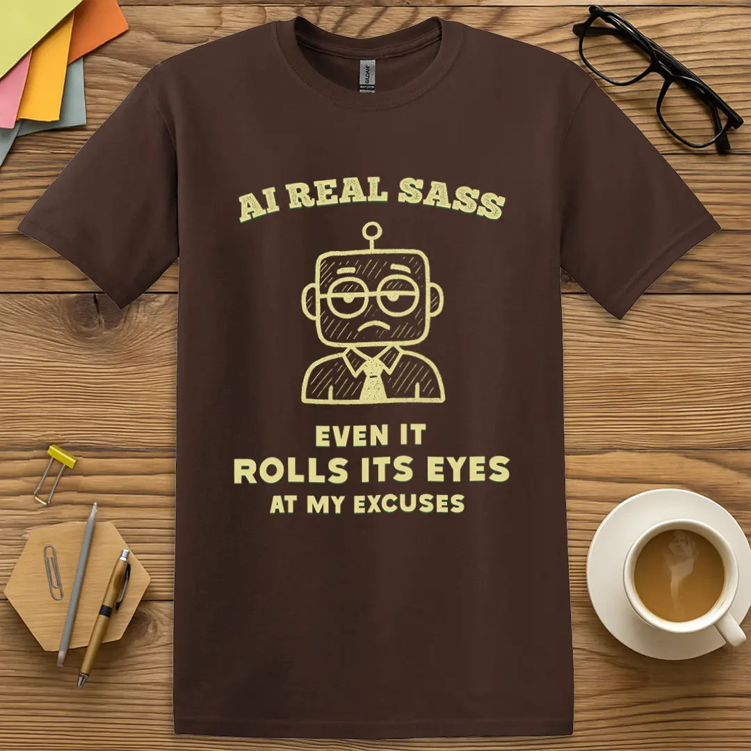 Dark Chocolate Color T-shirt with "AI Real Sass - Even It Rolls Its Eyes at My Excuses" design featuring rich color and educator snark.