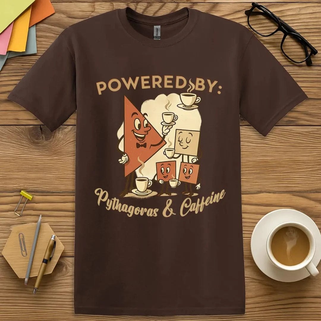 Dark Chocolate T-shirt with “Powered by: Pythagoras & Caffeine” design featuring vintage geometry illustration and coffee theme