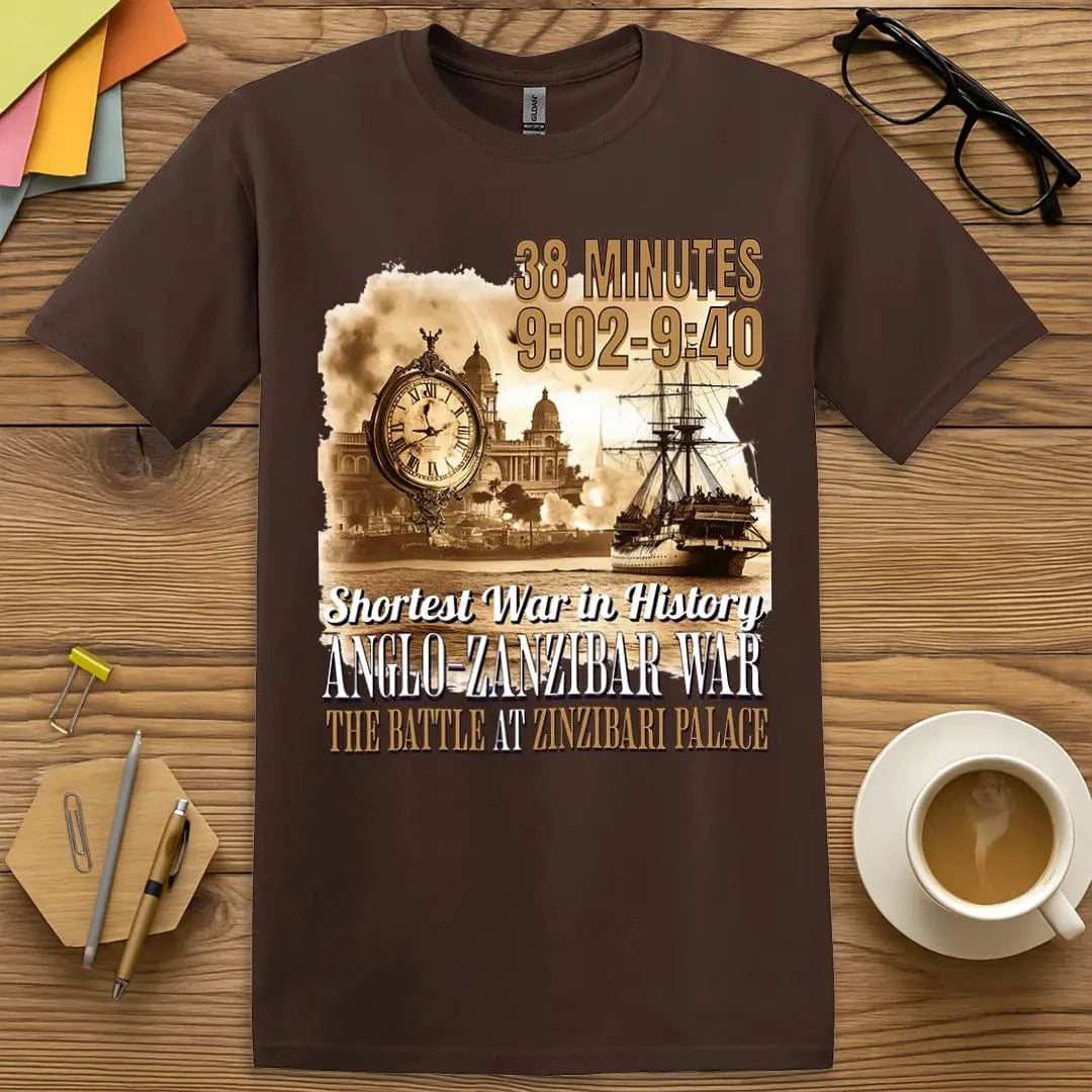 Dark Chocolate Color T-shirt with "Shortest War in History" design combining rich tones and educational vintage battle art.