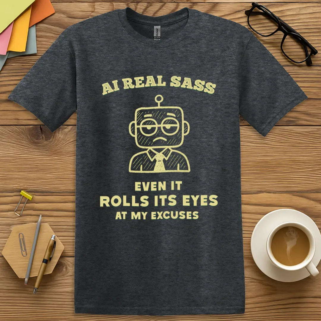 Dark Heather Color T-shirt with "AI Real Sass - Even It Rolls Its Eyes at My Excuses" design pairing cozy tone with relatable teacher tech sarcasm.