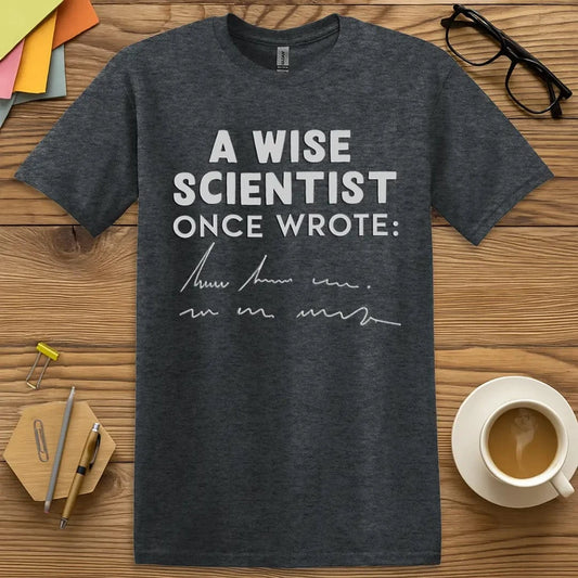 Dark Heather T-shirt with “A Wise Scientist Once Wrote:” design featuring funny scribbles and classroom curiosity
