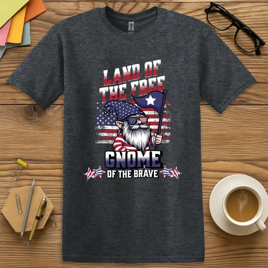 Dark Heather T-shirt with "Land of the Free Gnome of the Brave" design offering rustic patriotic vibe and gnome pun.