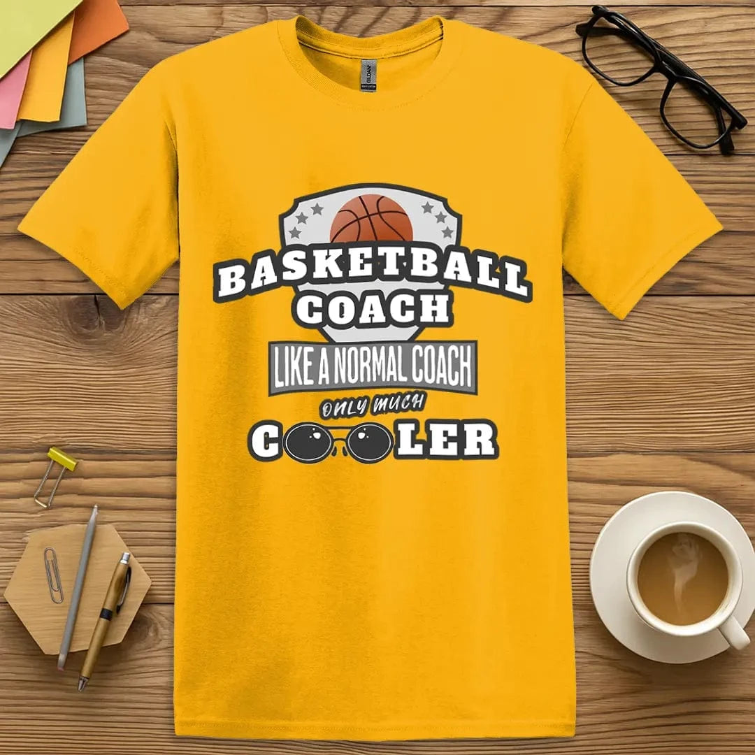 Gold T-shirt with "Basketball Coach…" design mixing bold color and vintage basketball coach energy.
