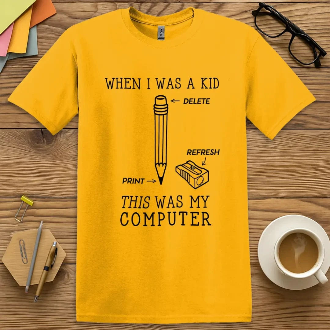 Gold T-shirt with “My Computer” design featuring vibrant retro humor perfect for classroom conversation starters  