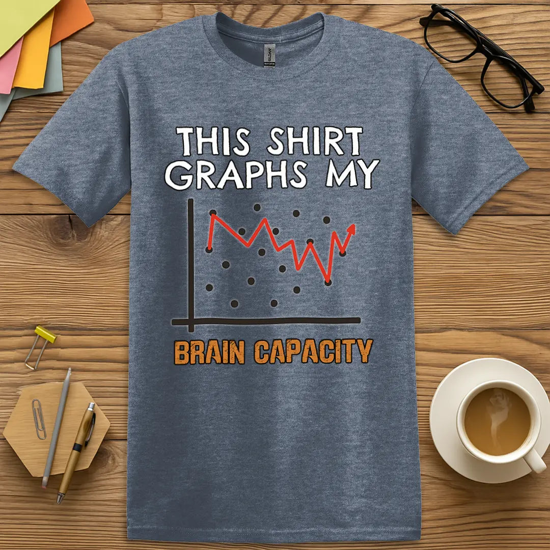 Heather Indigo Color T-shirt with "This Shirt Graphs My Brain Capacity" design showing a vibrant nerdy vibe with visual humor.