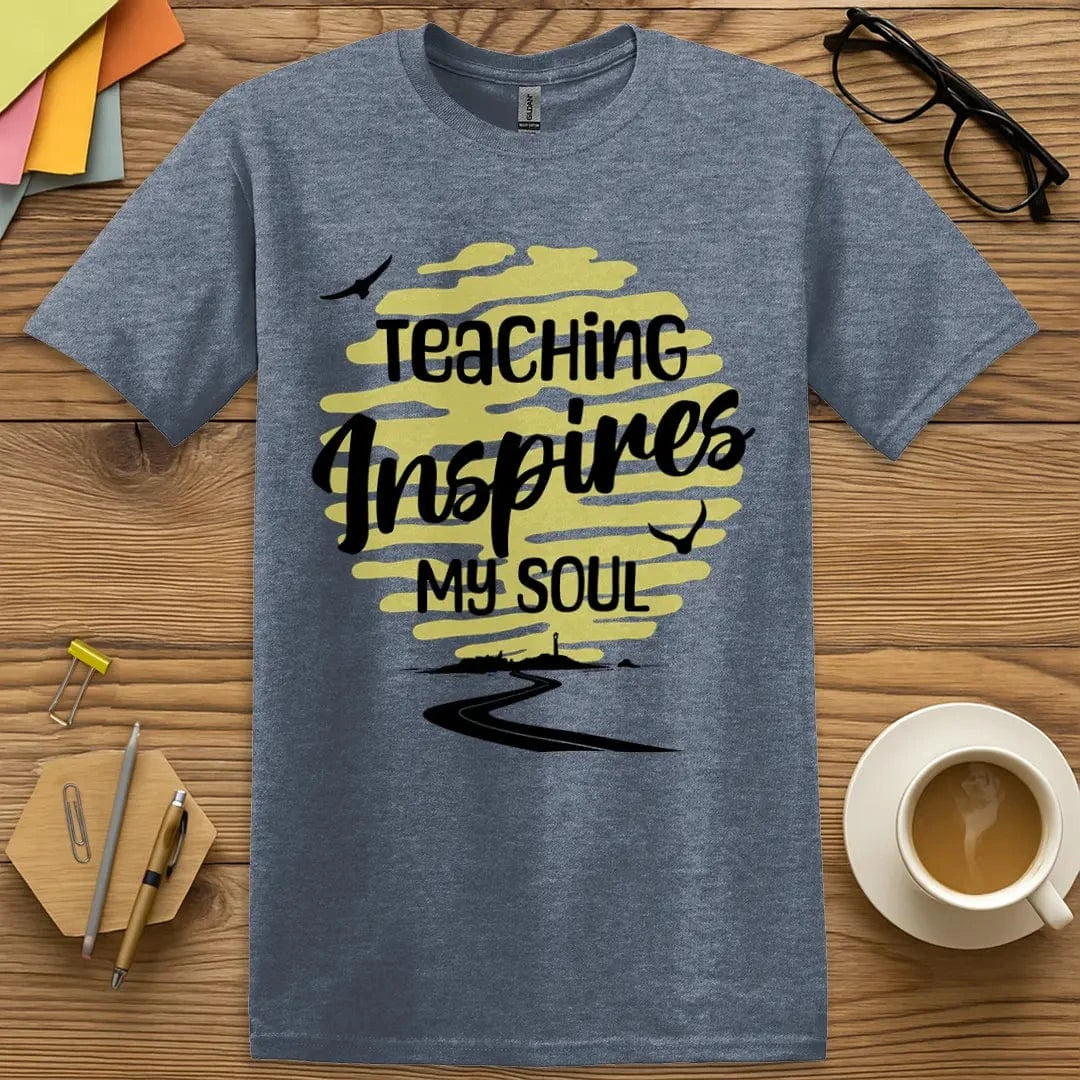 Heather Indigo Color T-shirt with "Teaching Inspires My Soul" design showcasing vibrant sky tones and soulful classroom theme.