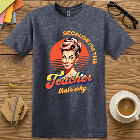 Heather Navy T-shirt with “Because I’m the Teacher That’s Why” design in vibrant retro palette and confident classroom flair  