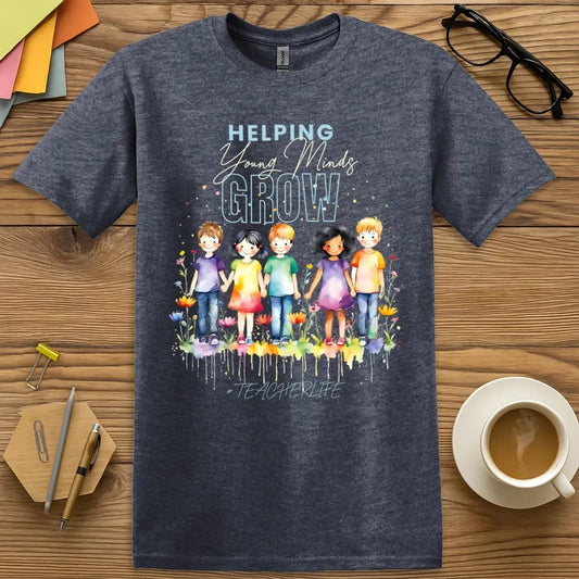 Heather Navy Color T-shirt with "Helping Young Minds Grow" design featuring watercolor children and colorful flowers.