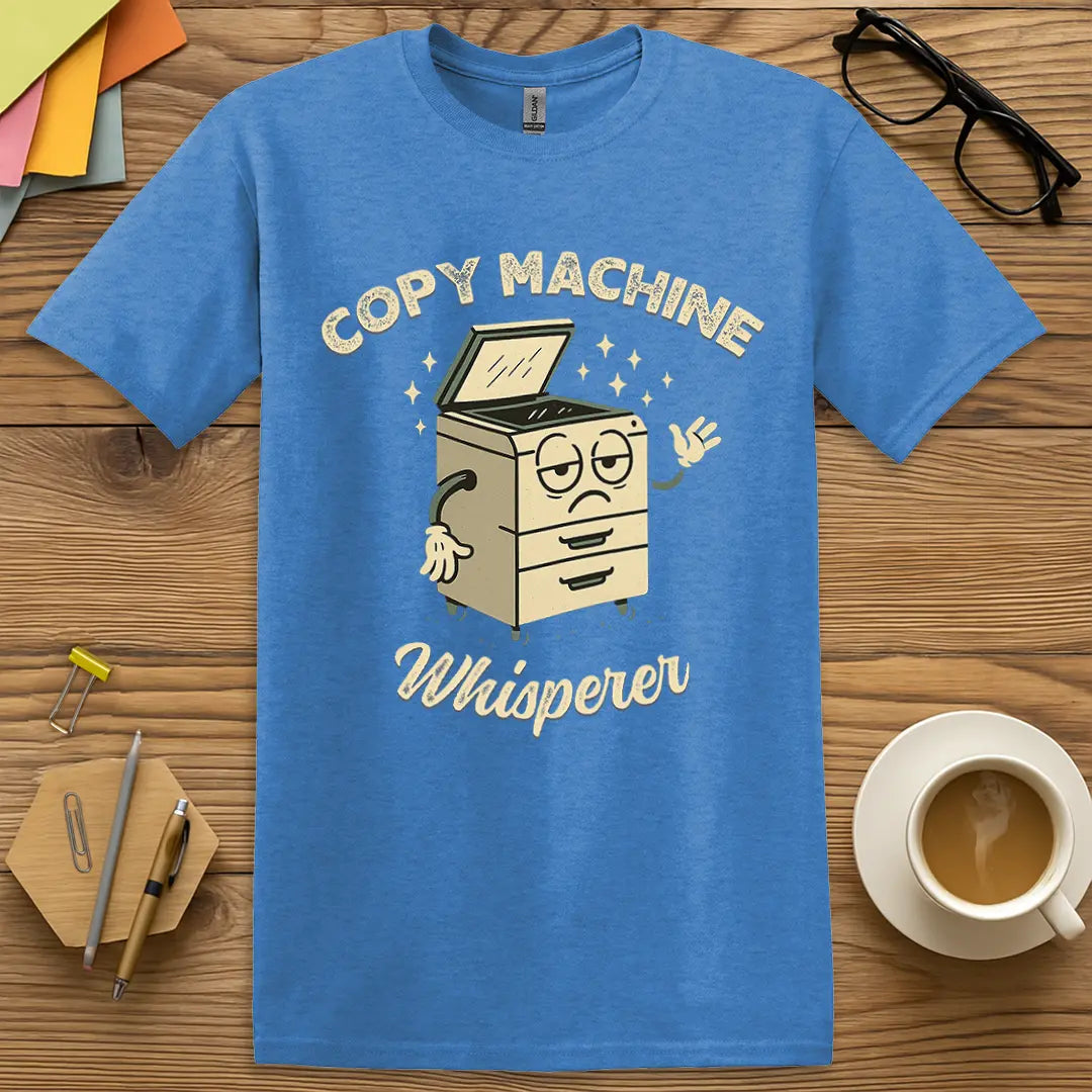 Royal Heather T-shirt with "Copy Machine Whisperer" design featuring bold lettering and staff-room tech sarcasm.
