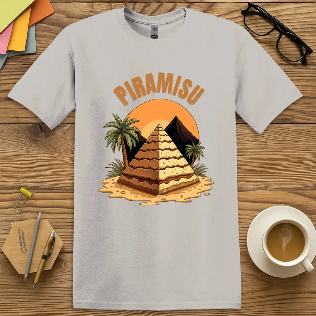 Ice Grey T-shirt with “Piramisu” design featuring ancient Egyptian dessert humor for smart, sweet educators