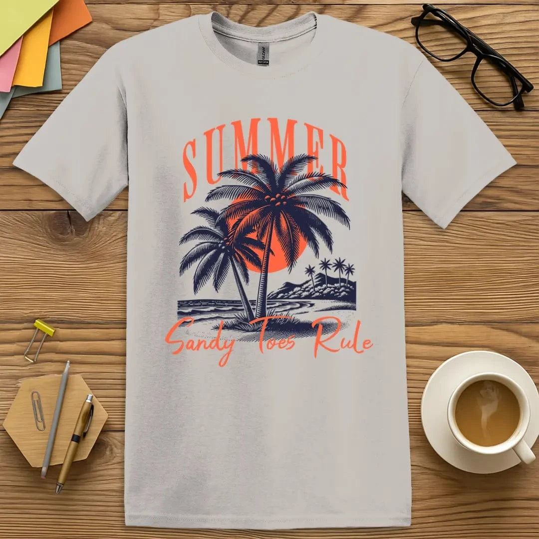 Ice Grey T-shirt with “SUMMER – Sandy Toes Rule” design featuring a cool, laid-back beach scene for teachers