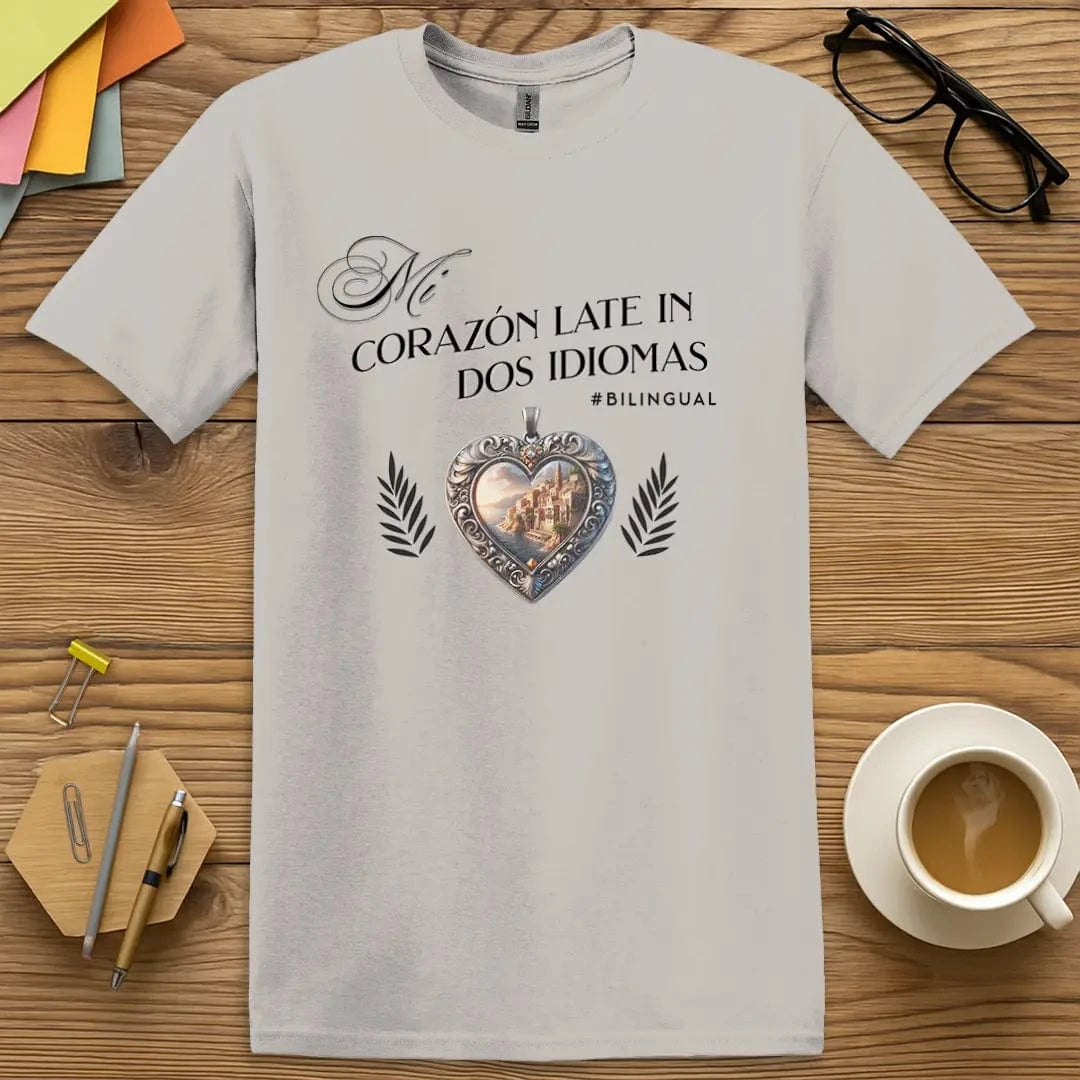 Ice Grey T-shirt with “Mi corazón late en dos idiomas” design featuring Spanish coastal heart symbol
