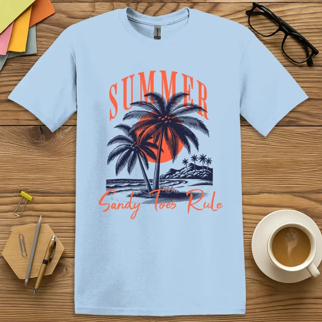 Light Blue T-shirt with “SUMMER – Sandy Toes Rule” design featuring calm ocean colors and vacation-ready text