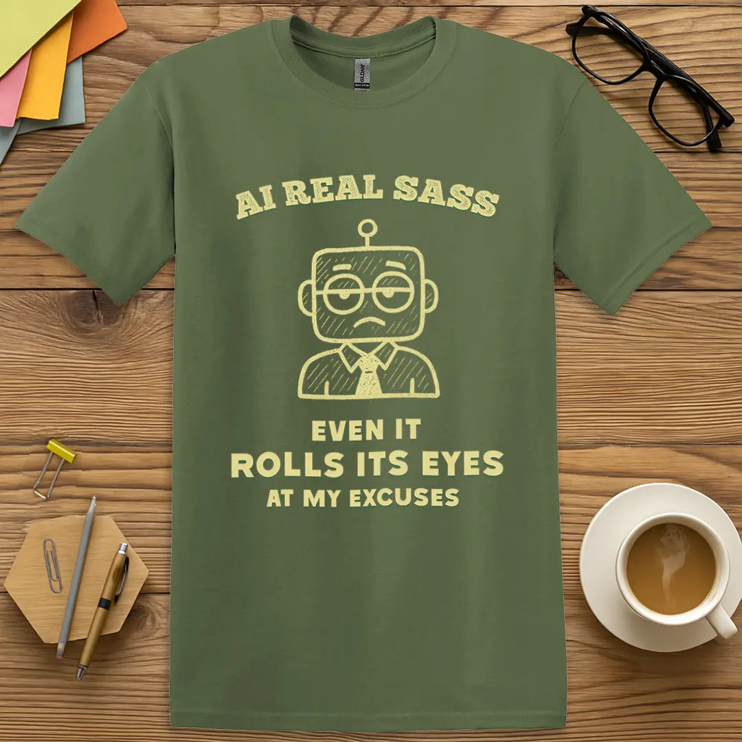 Military Green Color T-shirt with "AI Real Sass - Even It Rolls Its Eyes at My Excuses" design offering earthy tone with tech humor appeal.