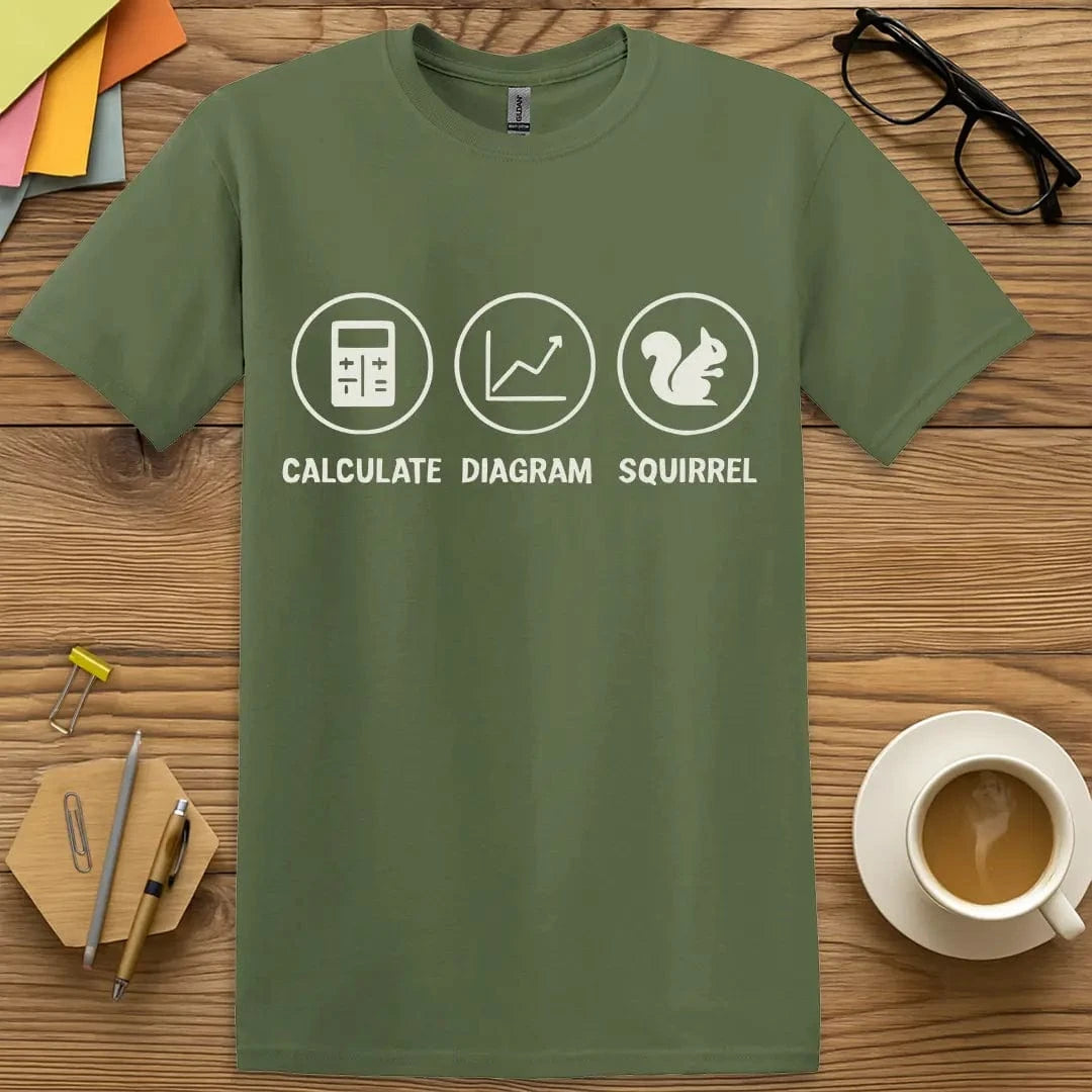 Military Green Color T-shirt with "Calculate, Diagram, SQUIRREL!" design showing classroom chaos vibe and math humor.