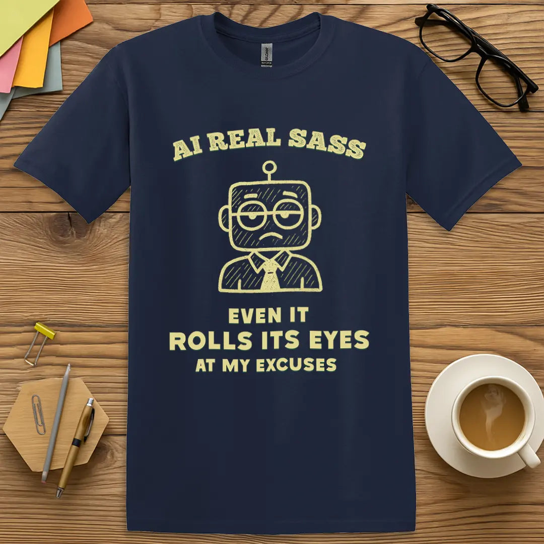 Navy Color T-shirt with "AI Real Sass - Even It Rolls Its Eyes at My Excuses" design featuring sarcastic robot graphic and digital judgment vibes.