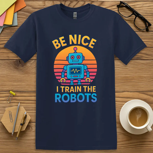 Navy Color T-Shirt with "Be Nice I Train The Robots" design featuring a retro robot and bold stacked text with teacher-tech humor.