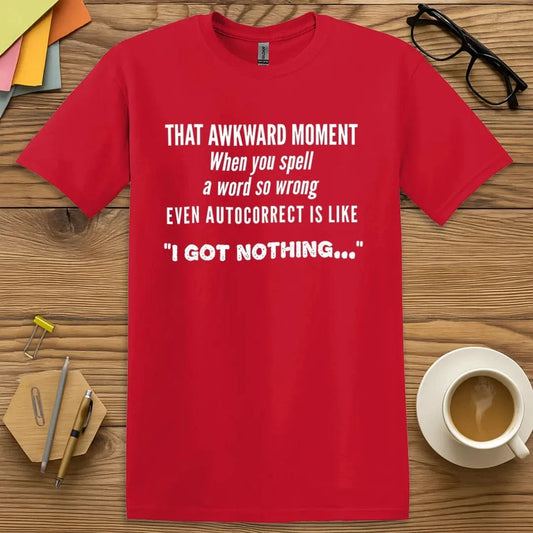 Red T-shirt with “Awkward Moments” design featuring classroom typo humor