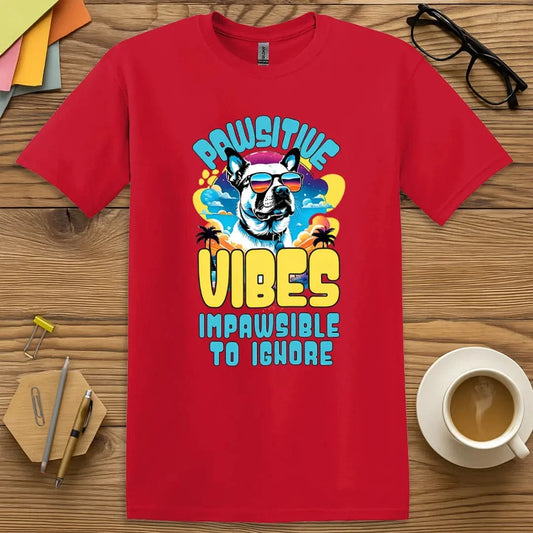Red T-shirt with “Pawsitive Vibes – Impawsible to Ignore” design featuring a cool dog in sunglasses and bold tropical colors  