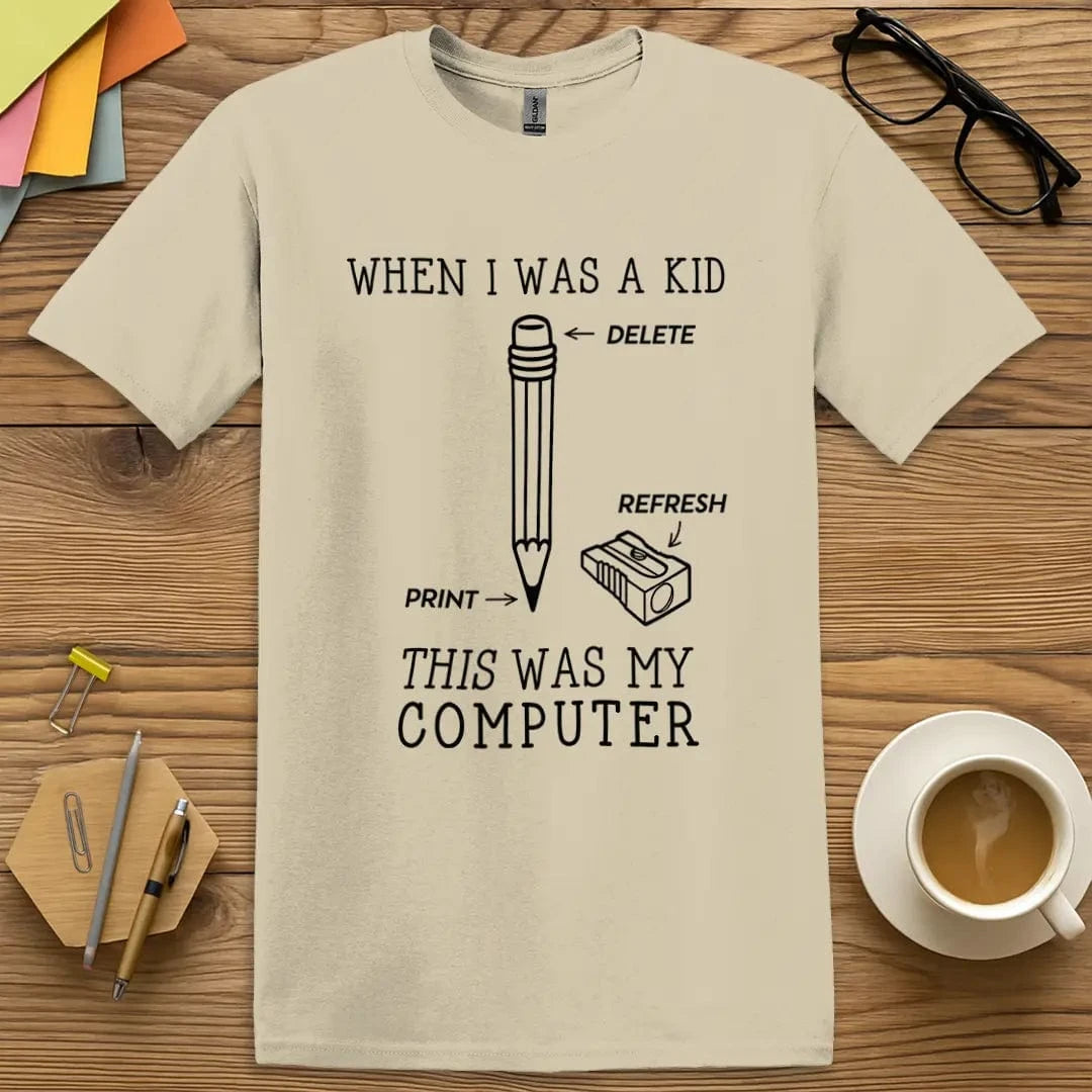 Sand T-shirt with “My Computer” design featuring subtle vintage tech parody and teacher wit for laid-back lesson leaders