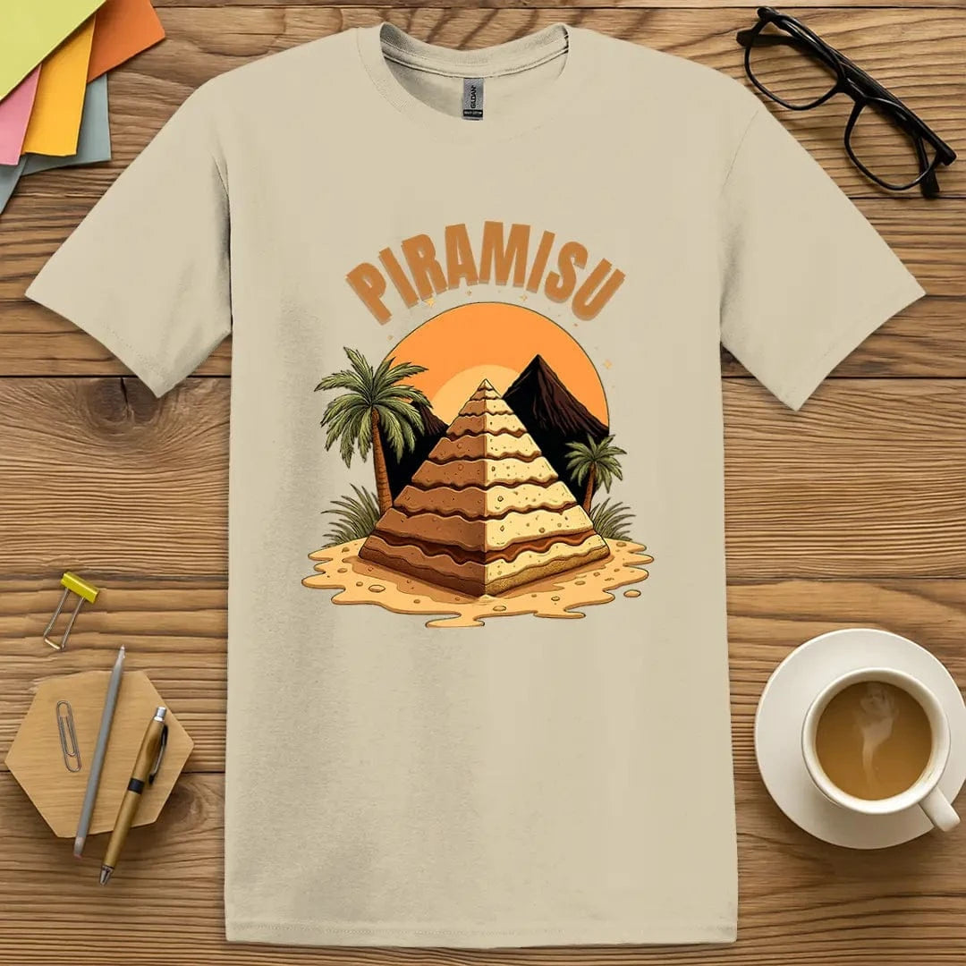 Sand T-shirt with “Piramisu” design featuring a dessert-pyramid pun perfect for teachers who love layered learning