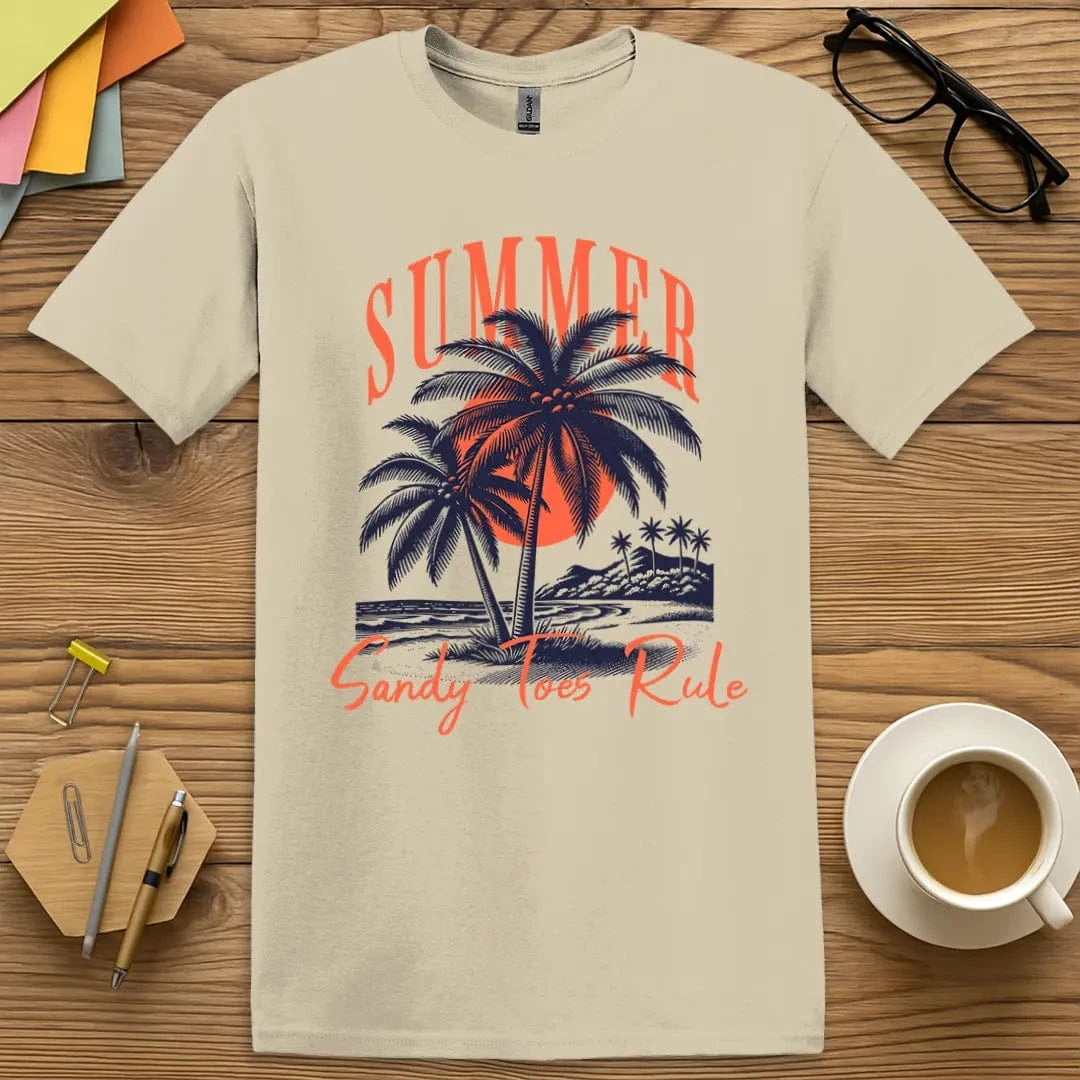 Sand T-shirt with “SUMMER – Sandy Toes Rule” design featuring tropical palm trees and a bold sunset vibe