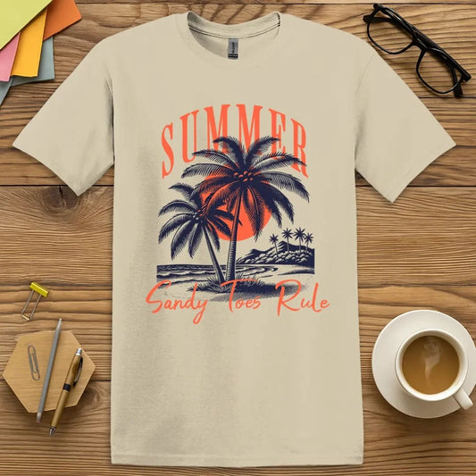 Sand T-shirt with “SUMMER – Sandy Toes Rule” design featuring tropical palm trees and a bold sunset vibe