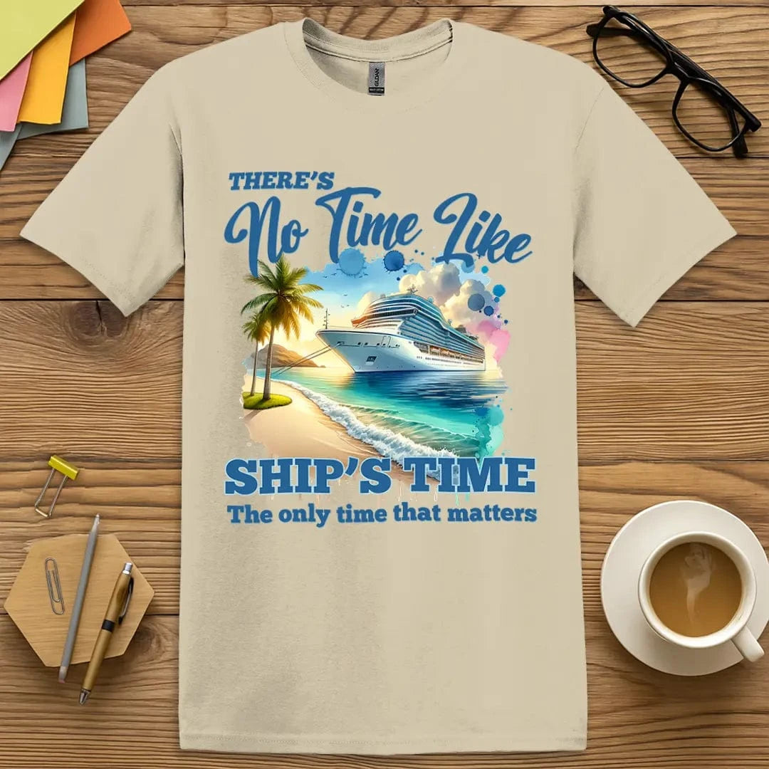 Sand T-shirt with “There’s No Time Like Ships Time” design featuring beachy teacher humor and casual vacation feel
