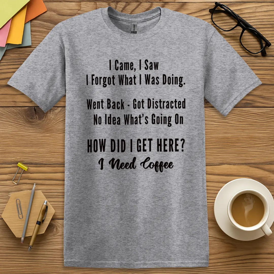 Sport Grey T-shirt with "How Did I Get Here? I Need Coffee" design featuring clean lines and maximum staff lounge relatability.