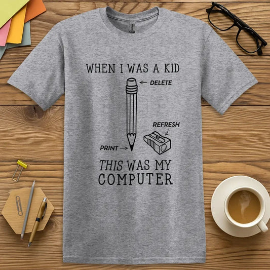 Sport Grey T-shirt with “My Computer” design featuring retro classroom tech humor in a neutral tone  