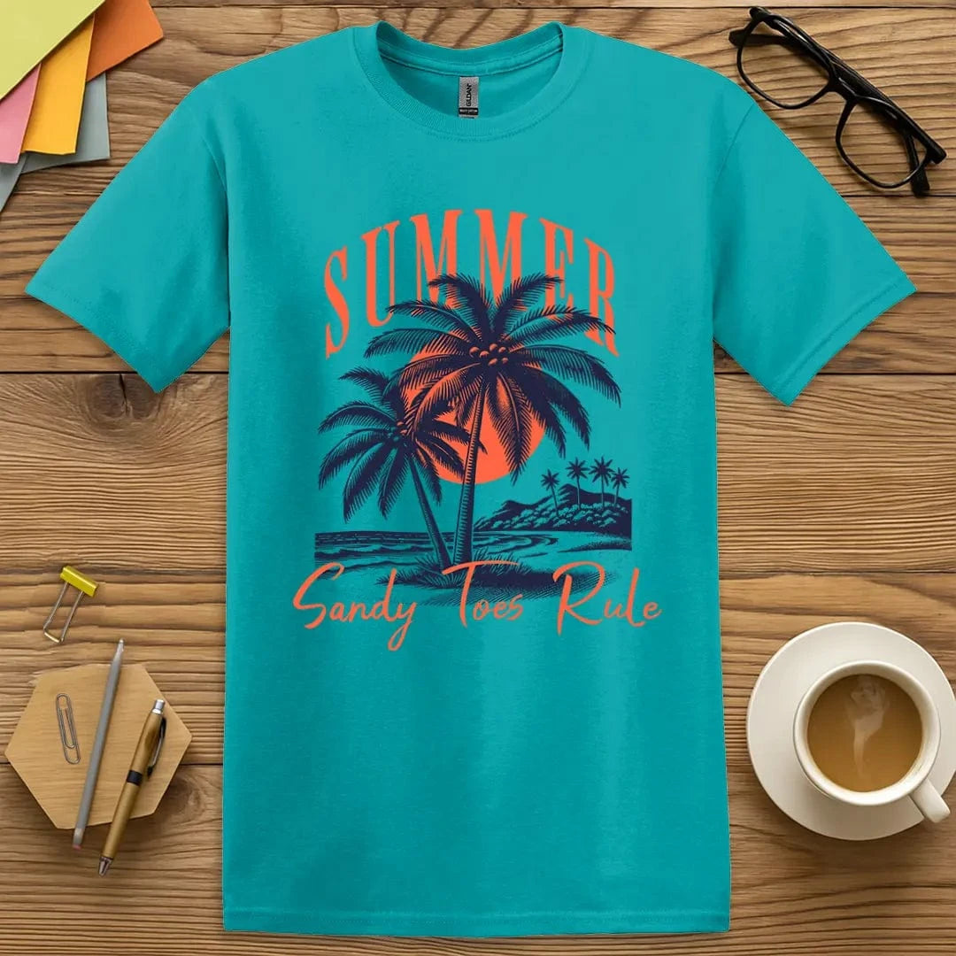 Tropical Blue T-shirt with “SUMMER – Sandy Toes Rule” design featuring vivid beach tones and sunny teacher flair