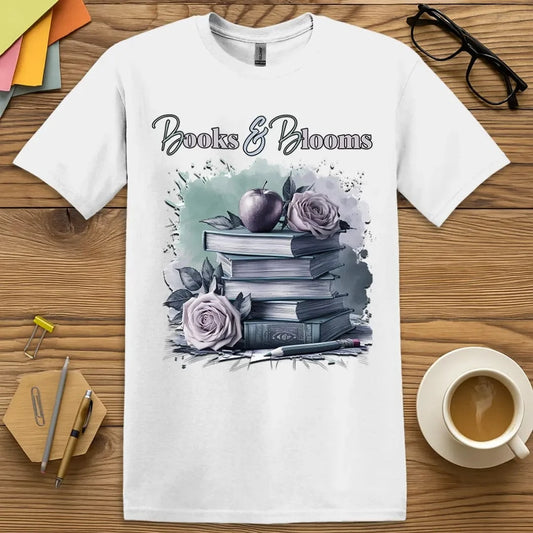 White T-shirt with “Books & Blooms” design featuring a soft floral-and-books illustration for educators with poetic vibes  