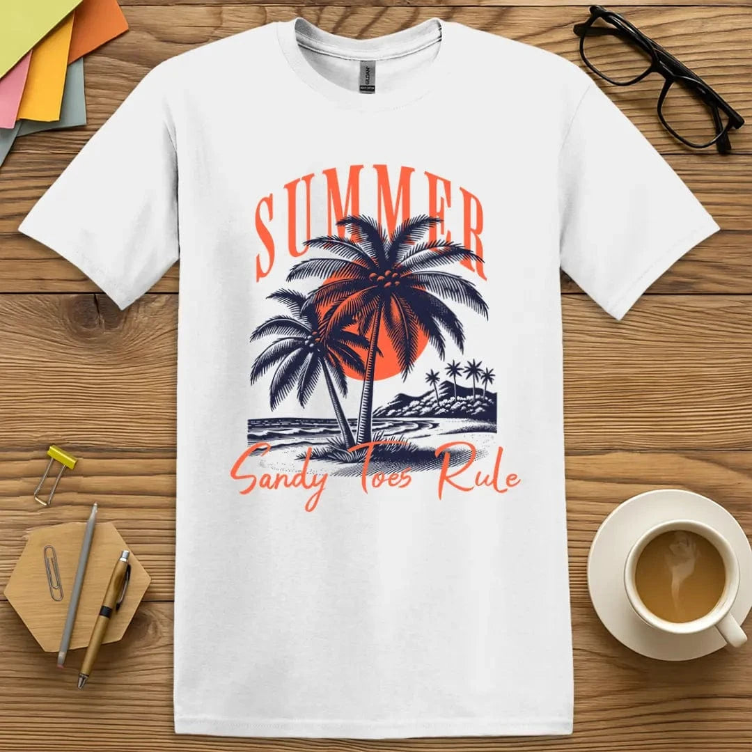 White T-shirt with “SUMMER – Sandy Toes Rule” design featuring crisp lines and a clean, tropical aesthetic