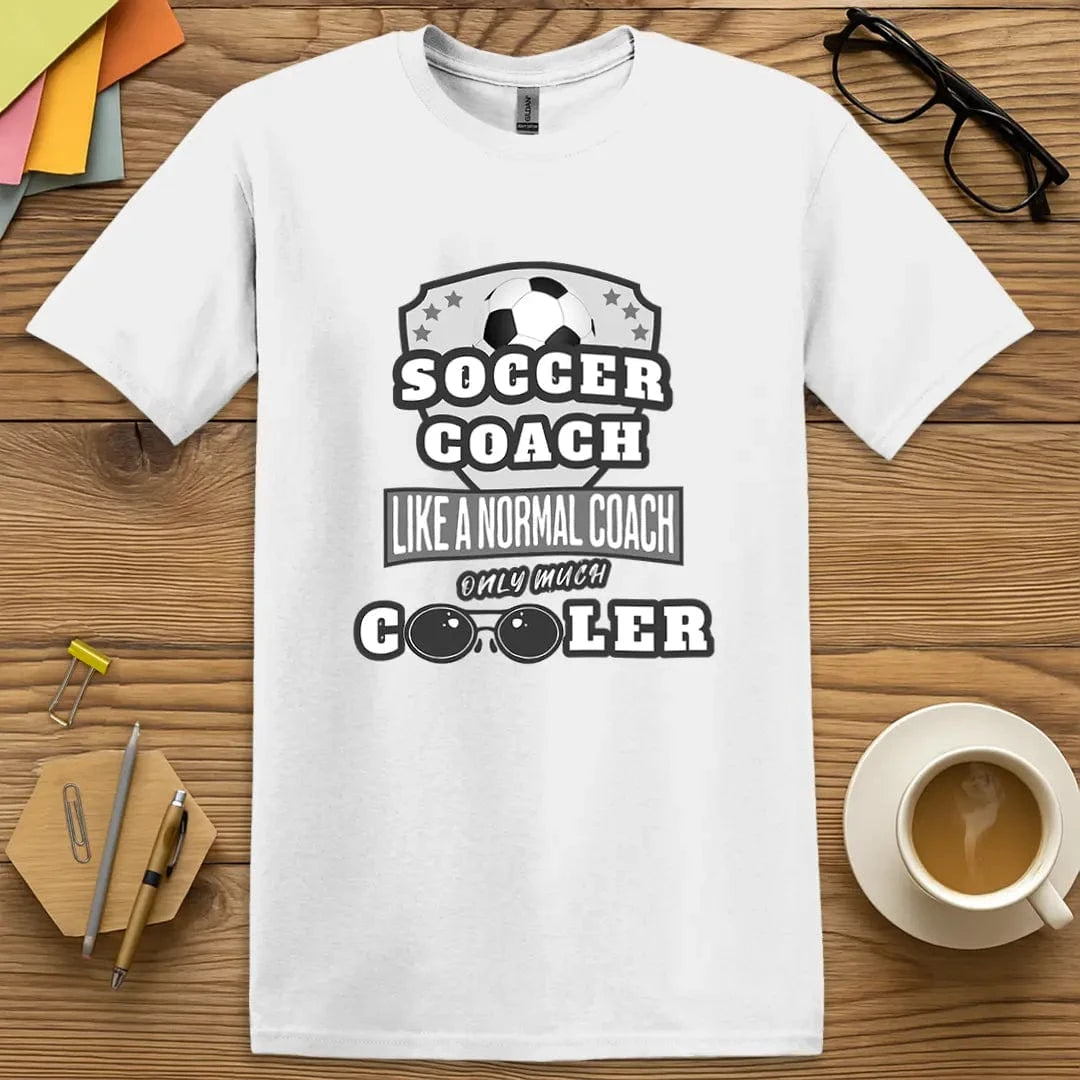 White T-shirt with “Soccer Coach” design featuring proud, clean sideline energy and classroom-meets-field vibes